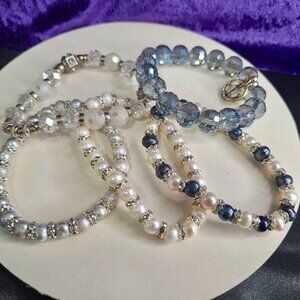 "Luna Layers" 5-Piece Stackable Bracelet Set – Pearls, Blue Stones & Mixed Metal